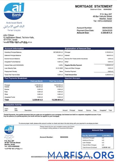 Blank Israel Arab Israel Bank mortgage statement Word and PDF template